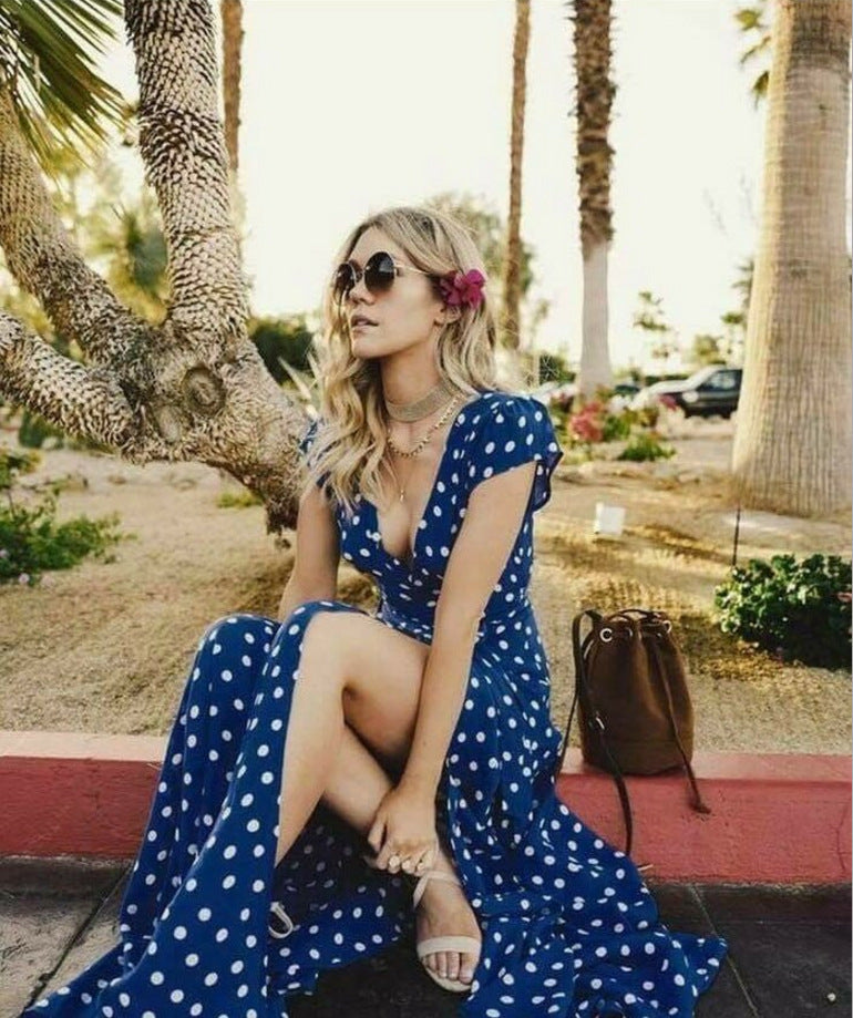 Polka Dot V-Neck Tie Waist Slit Sexy Dress