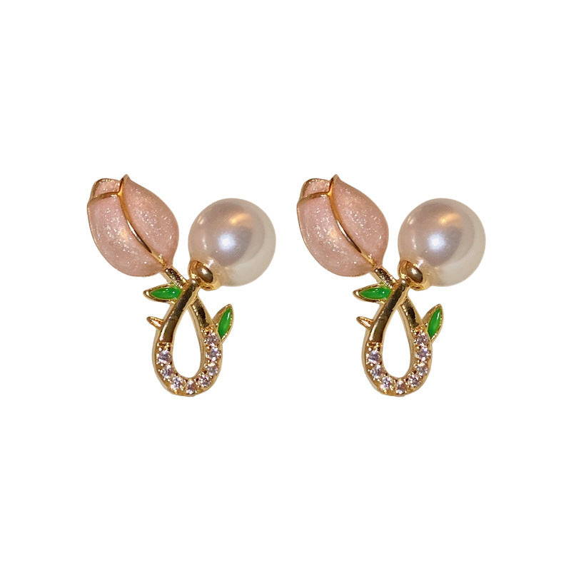 Electroplated Silver Pearl Tulip Flower Earrings