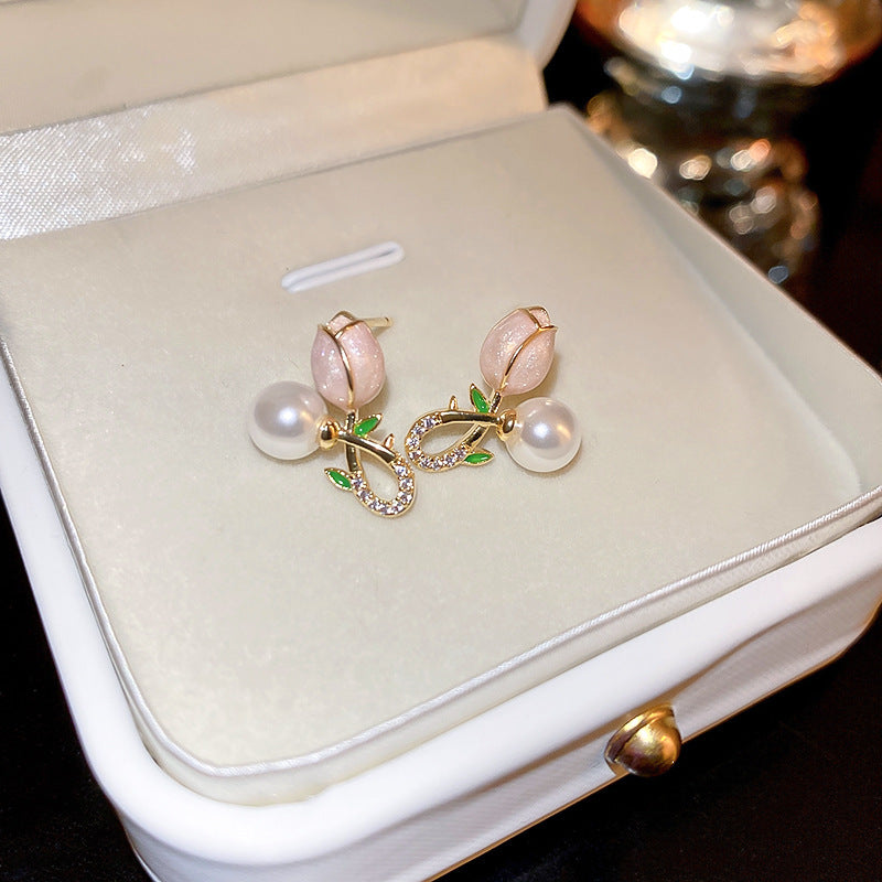 Electroplated Silver Pearl Tulip Flower Earrings