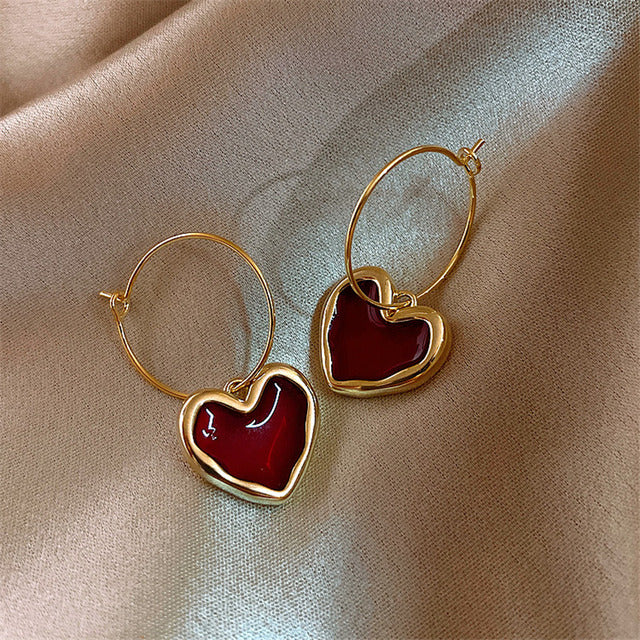Sweet Wine Red Heart-Shaped Metal Earrings for Women