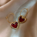 Sweet Wine Red Heart-Shaped Metal Earrings for Women