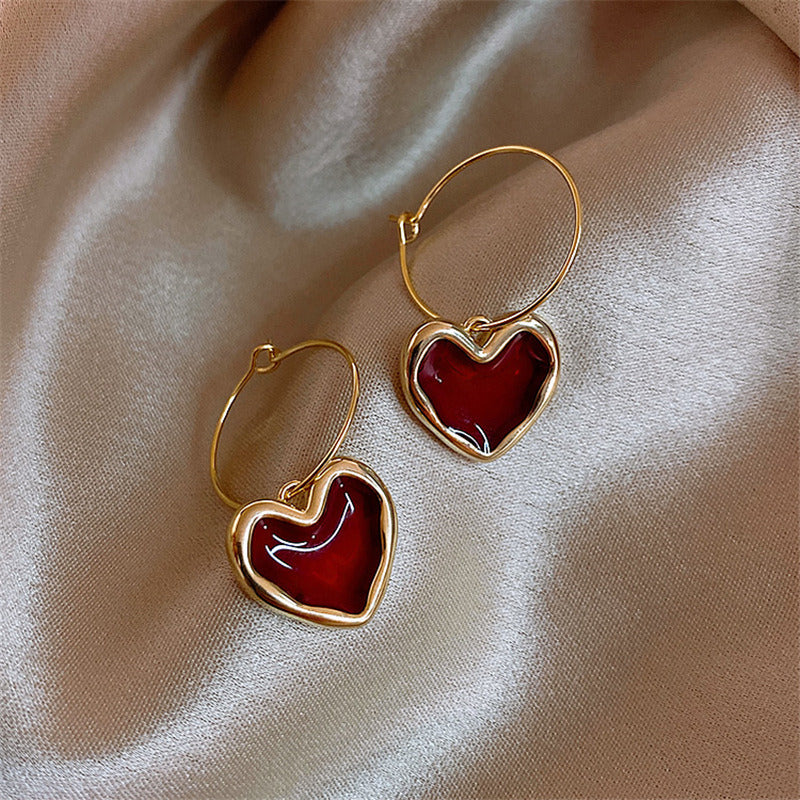 Sweet Wine Red Heart-Shaped Metal Earrings for Women