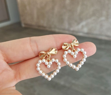 Pearl Bow Heart Earrings (Heart and Bow Designs)