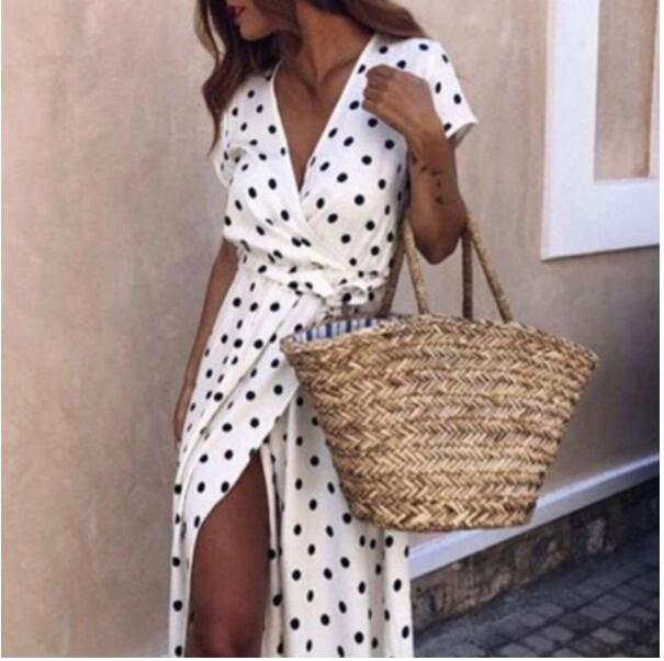 Polka Dot V-Neck Tie Waist Slit Sexy Dress