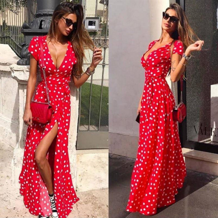 Polka Dot V-Neck Tie Waist Slit Sexy Dress