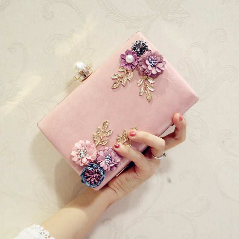 Women's Leather Evening Bag - Floral Clutch Purse