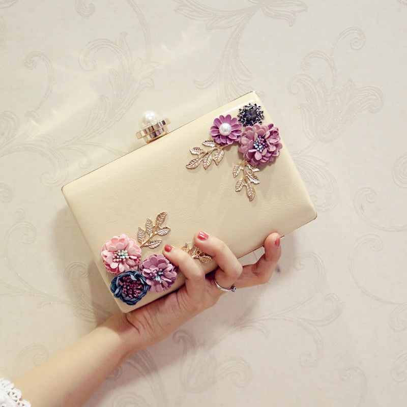 Women's Leather Evening Bag - Floral Clutch Purse