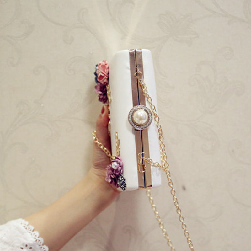 Women's Leather Evening Bag - Floral Clutch Purse