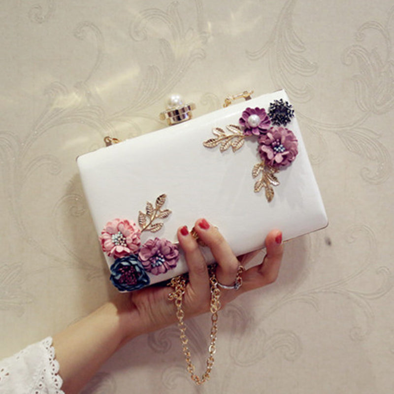 Women's Leather Evening Bag - Floral Clutch Purse