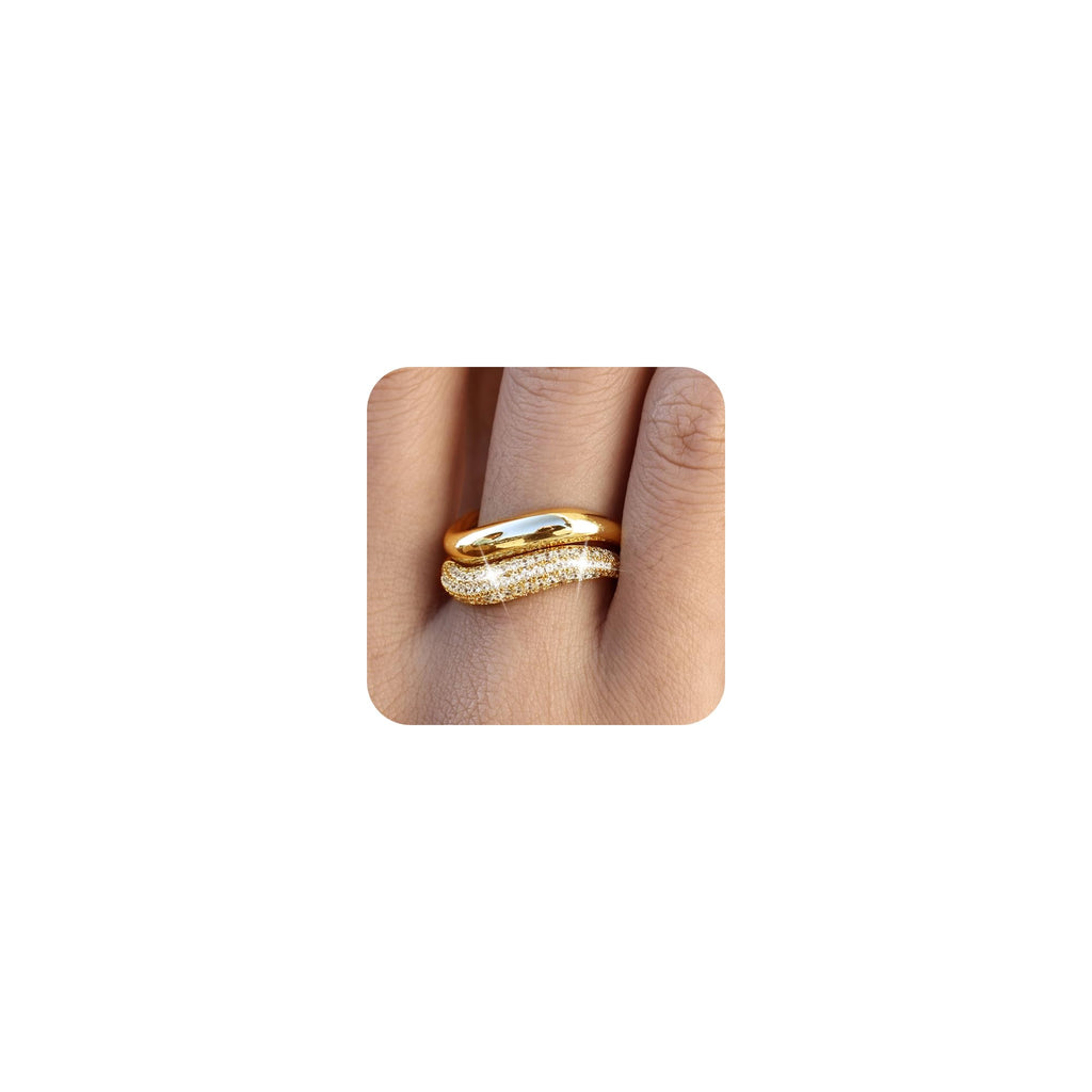 MBW Stackable Cubic Zirconia Gold Wave Rings for Women Stacking Gold Rings That Dont Tarnish Bands Statement Gold Rings Chunky 14k Gold Plated Wavy CZ 2 Rings Set Jewelry Gifts for Women Size 5-10