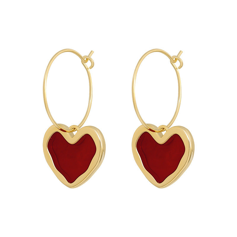 Sweet Wine Red Heart-Shaped Metal Earrings for Women