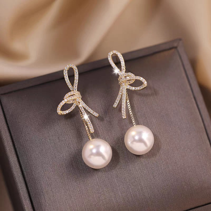 Elegant Bow Pearl Drop Earrings for Women (Versatile)