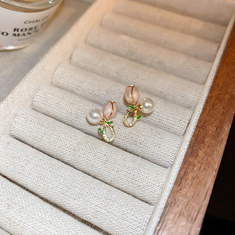 Electroplated Silver Pearl Tulip Flower Earrings
