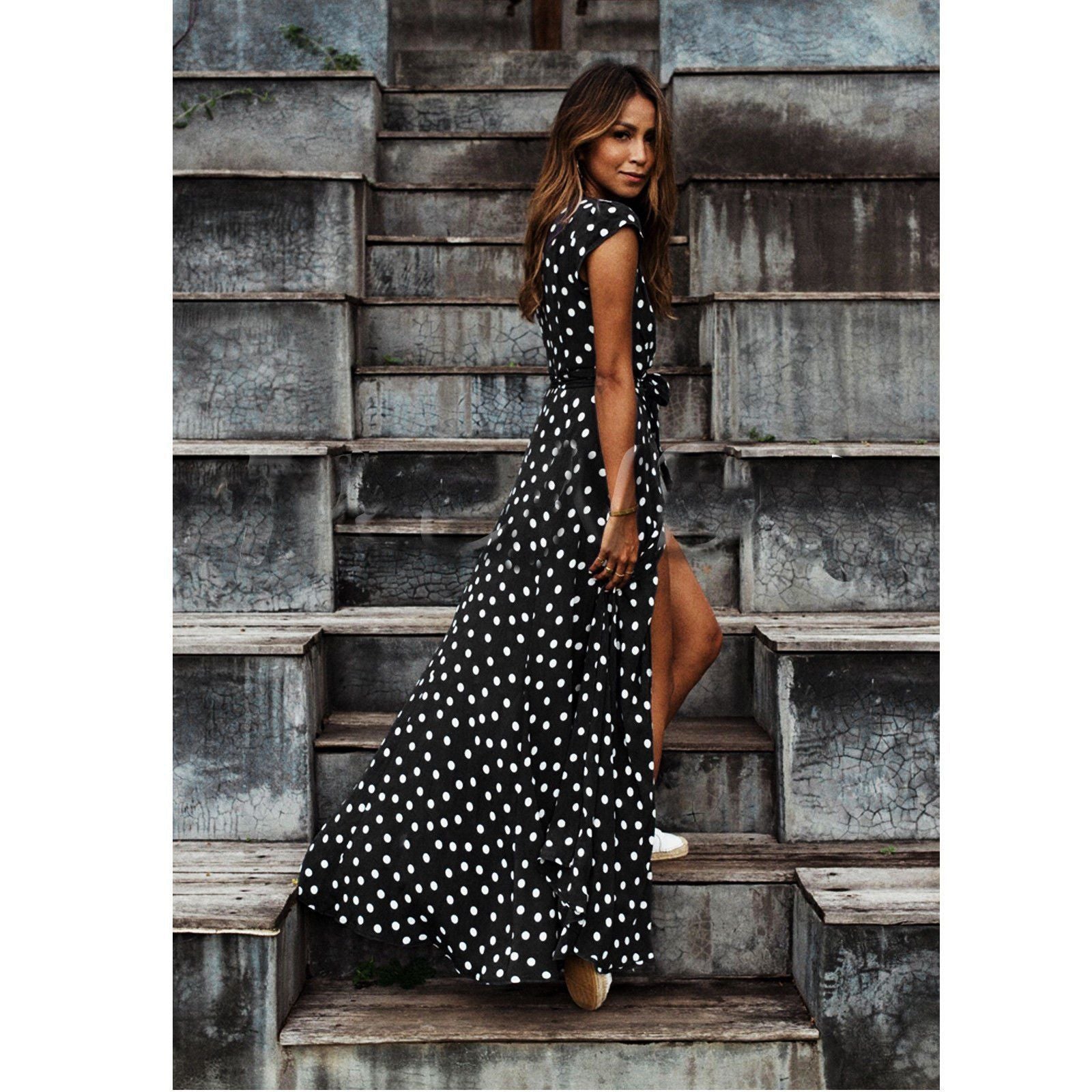 Polka Dot V-Neck Tie Waist Slit Sexy Dress