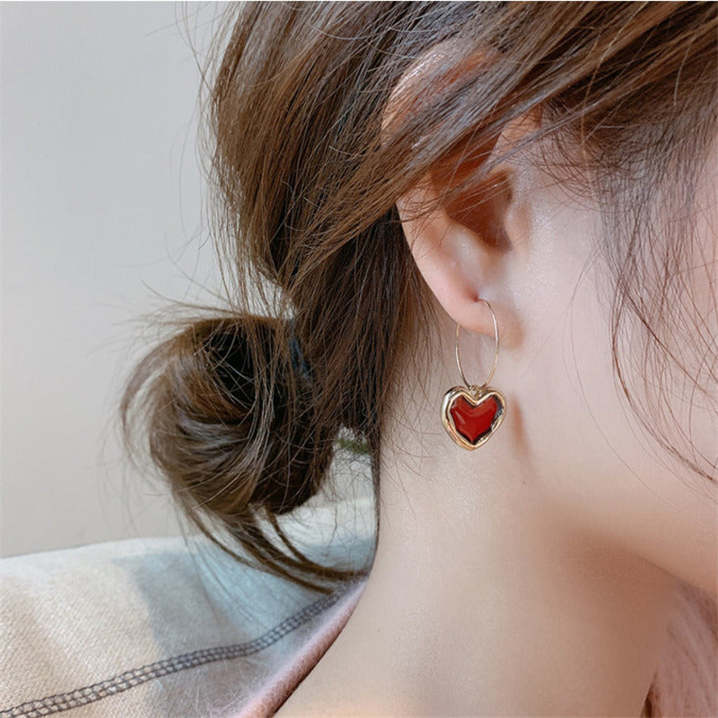 Sweet Wine Red Heart-Shaped Metal Earrings for Women