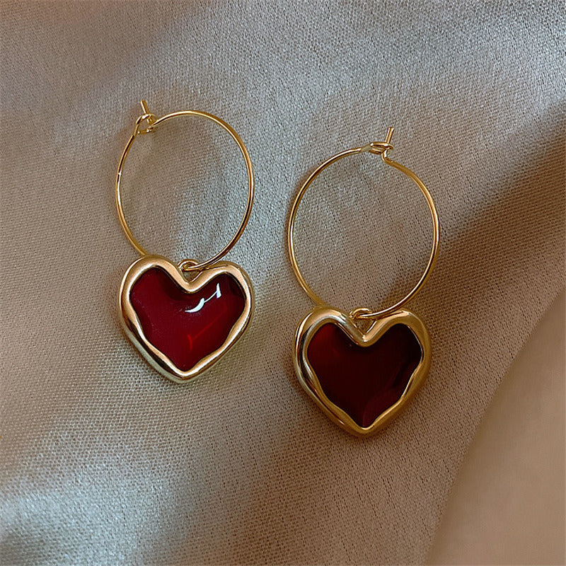 Sweet Wine Red Heart-Shaped Metal Earrings for Women