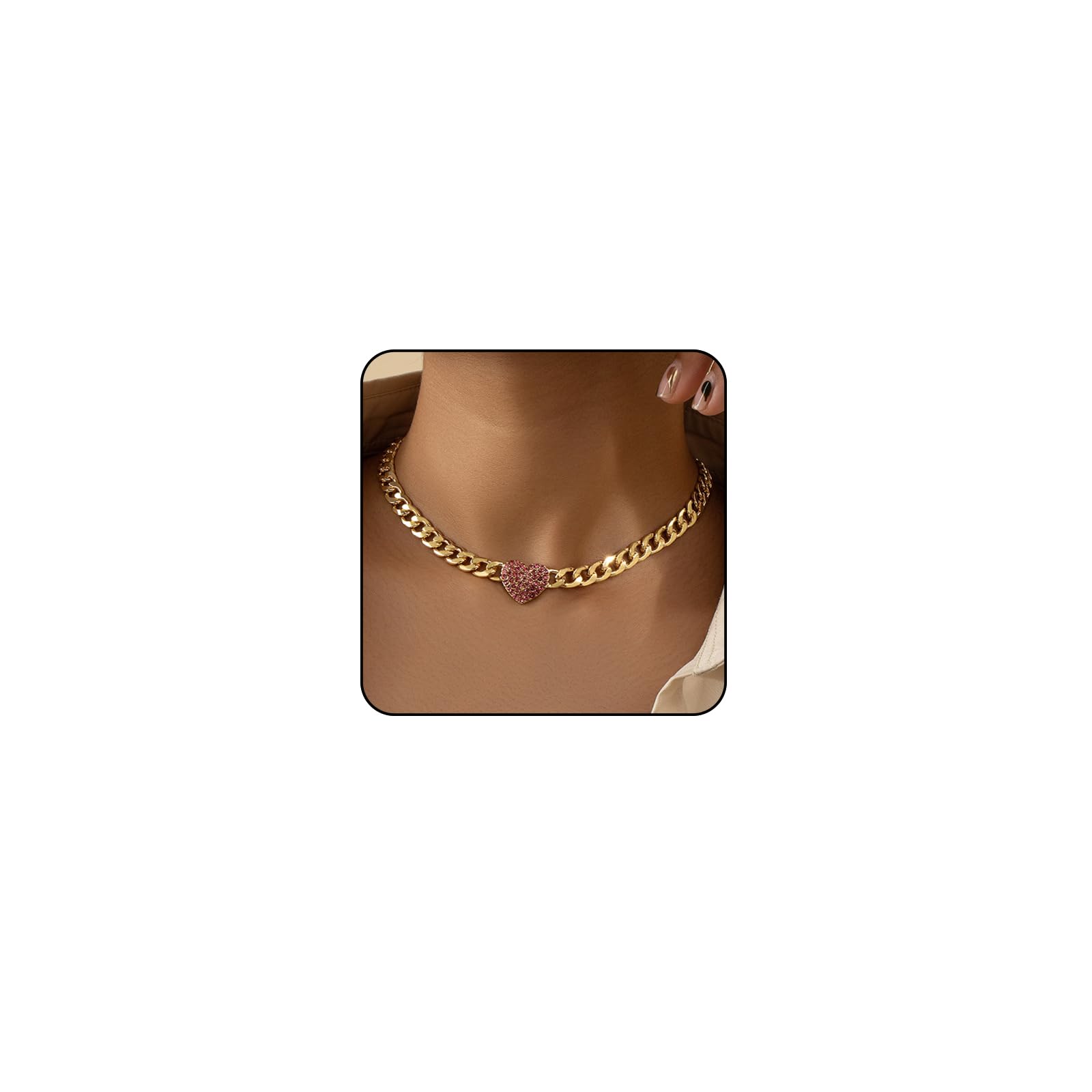 Sora Tuki Heart Necklaces for Women Silver Heart Choker Gold Heart Necklace Cuban Link Chain Gold Chunky Necklace CZ Heart Pendant Punk Statement Necklace Fashion (8_Gold chain pink heart)