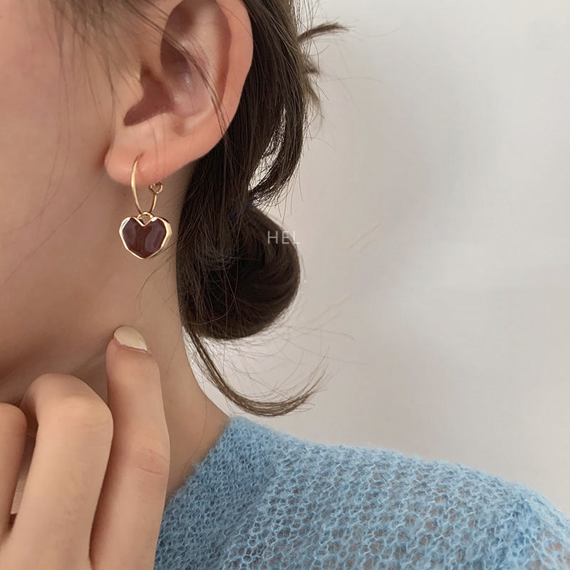 Sweet Wine Red Heart-Shaped Metal Earrings for Women