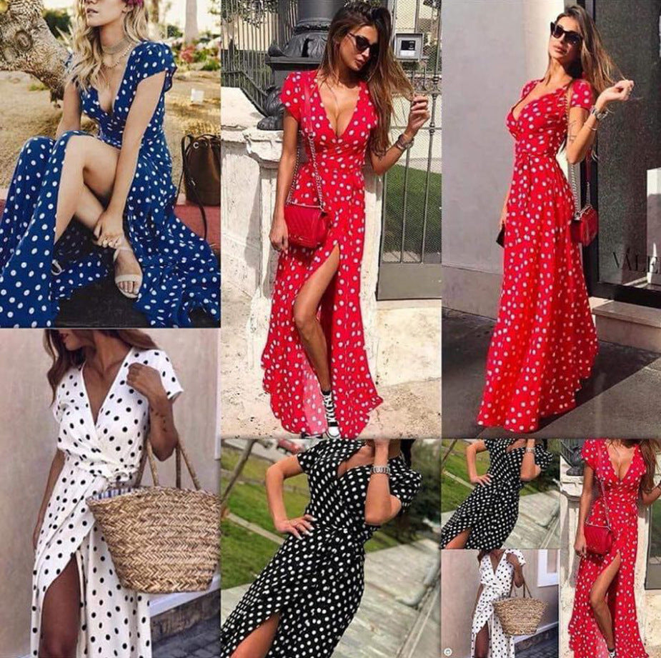 Polka Dot V-Neck Tie Waist Slit Sexy Dress