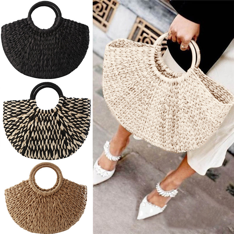 Women’s Woven Rattan Half Round Handbag for Travel